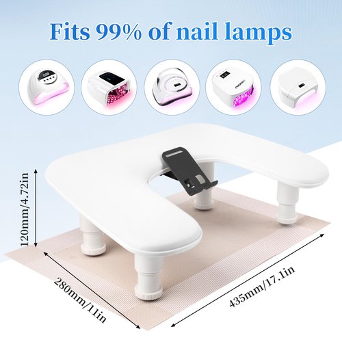 Big Adjustable Nail Arm Rest for Nails Tech with Rotating Phone Holder, U-Shaped Manicure Hand Rest, PU Leather Hand Stand with Pad for Nail Salon, Nail Tech, and DIY(White)