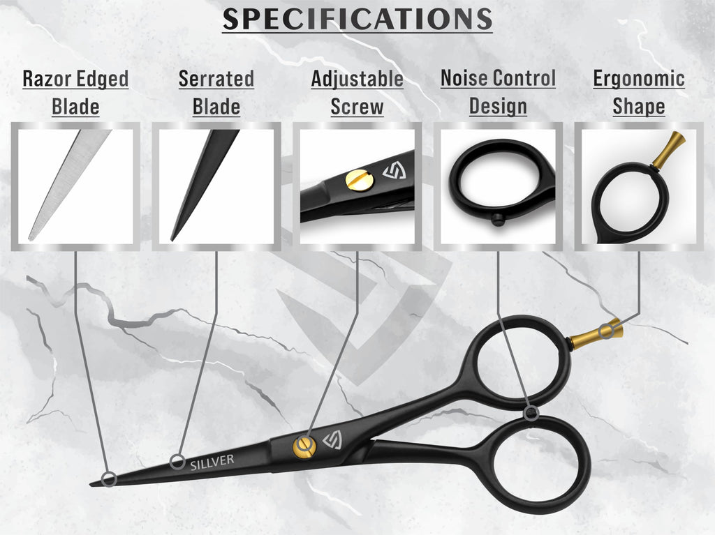Professional Mustache Scissors 5 Inch, Razor Edged and Serrated, Beard Comb, Mustache Comb, Pouch -Beard Trimming Scissors for All Facial Hair– Grooming Scissors