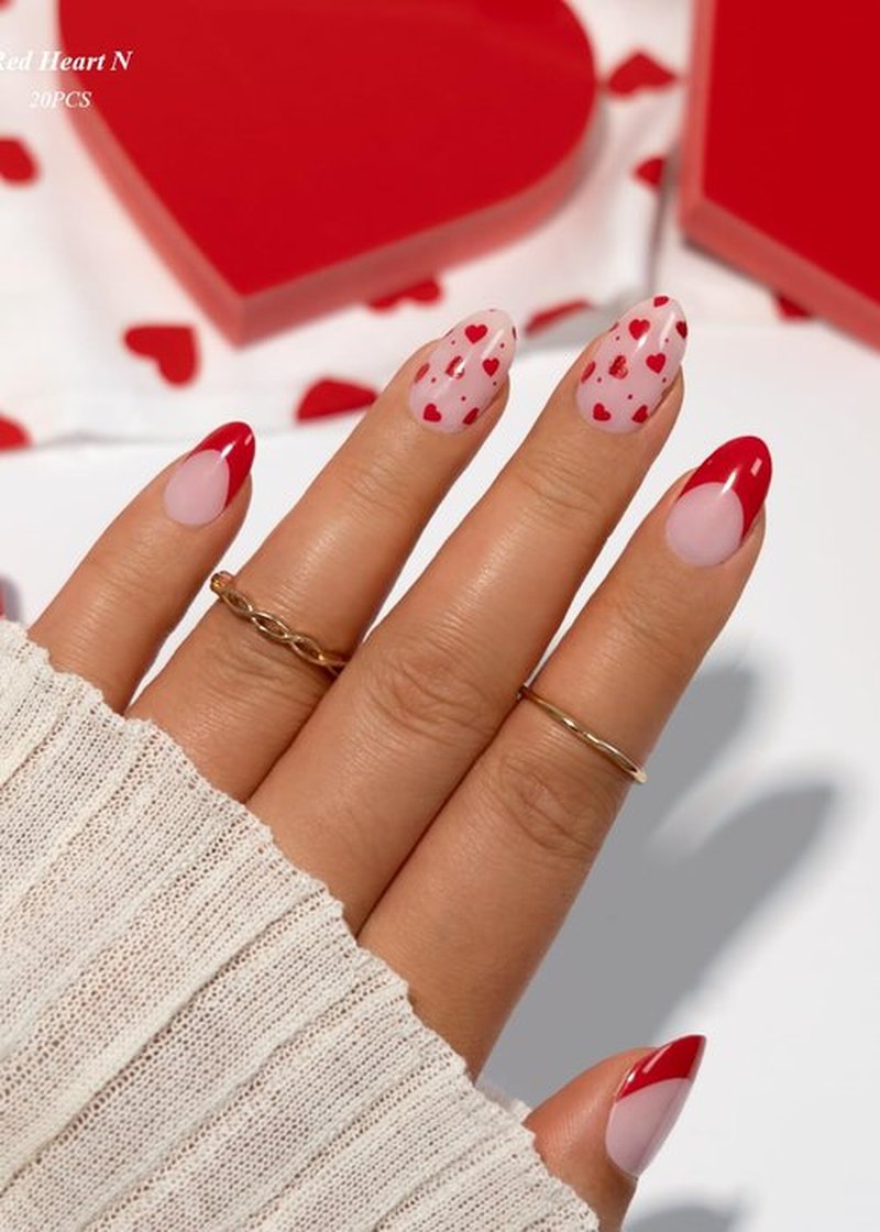 AutyaMee Semi Cured Gel Nail Strips (Red Heart N), Valentine's Day French, 20 Pcs Gel Nail Wraps, Stickers, Works with Any UV Lamps