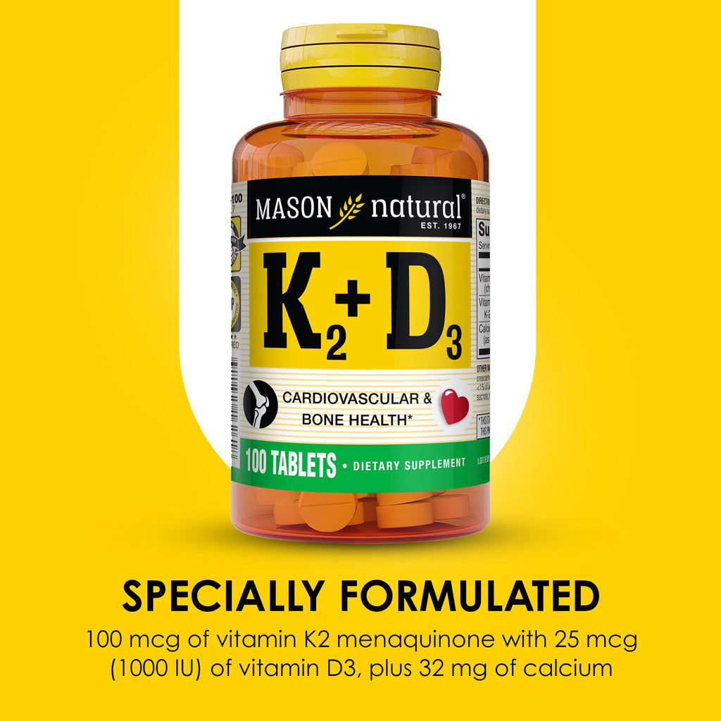 MASON NATURAL Vitamin K2 + D3, 100,Day Supply, with Calcium for Normal Bone and Muscle Support, Tablets