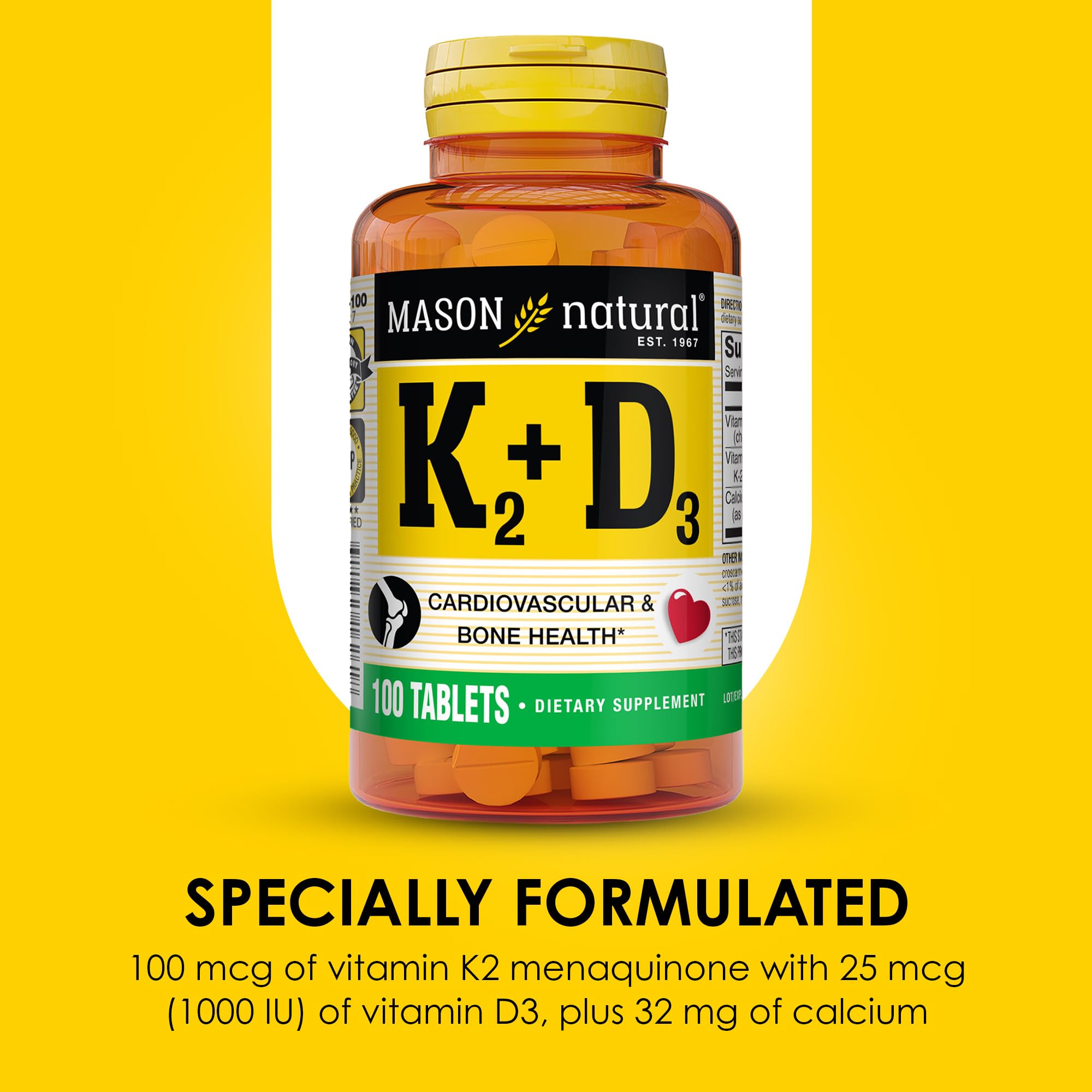 MASON NATURAL Vitamin K2 + D3, 100,Day Supply, with Calcium for Normal Bone and Muscle Support, Tablets