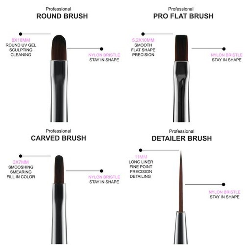 Beaute Galleria 4-Piece UV Gel Nail Art Brush Set - Pro Flat, Carved, Detailer, Round for Fine Line, Detailer, Outline, Striping, Polygel Nails, Gel Sculpting, Nail Tips