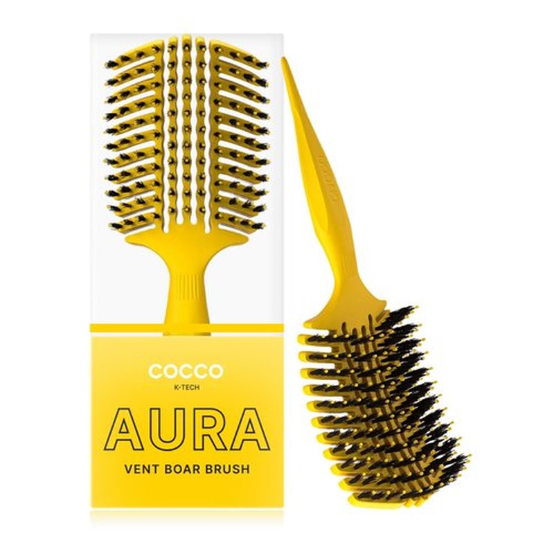 COCCO Aura Vent Boar Brush | Vented Dual-Curved Design for Faster Drying, Effortless Detangling & Shine, Boar + Nylon Bristles, Ergonomic Comfort Handle for Wet & Dry Hair Styling - Yellow