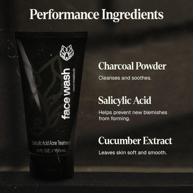 Black Wolf Salicylic Acid Acne Face Wash for Men - Charcoal Cleanser & Exfoliator for Oily Skin | Gentle Daily Treatment
