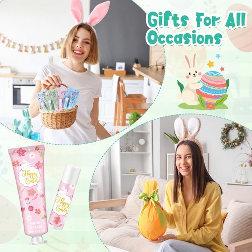 Loopeer 12 Sets Easter Gifts for Coworkers Gifts Bulk Happy Easter Hand Cream and Lip Balm for Women Travel Size Lotion Basket Stuffers for Adults Teachers Employees