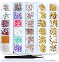 SILPECWEE 4 Boxes 3d Nail Charms Nail Rhinestones Rainbow Nail Pearls Gold Rose Golden Nail Jewels Caviar Beads Glass Crystals Nail Decoration with 1pc Tweezers, Picker Pencil