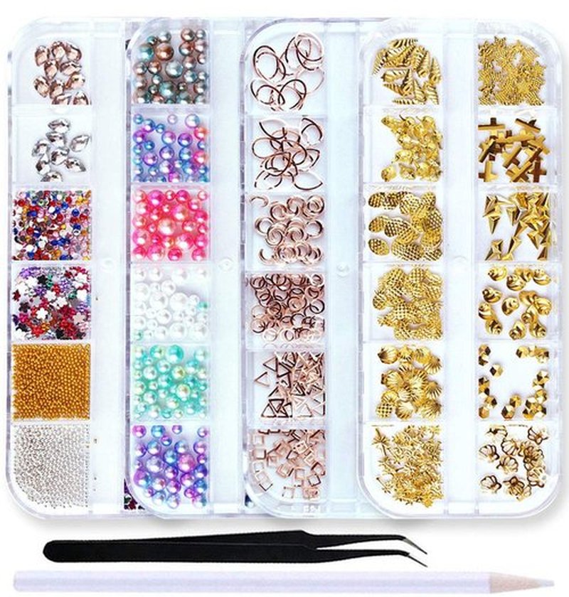 SILPECWEE 4 Boxes 3d Nail Charms Nail Rhinestones Rainbow Nail Pearls Gold Rose Golden Nail Jewels Caviar Beads Glass Crystals Nail Decoration with 1pc Tweezers, Picker Pencil