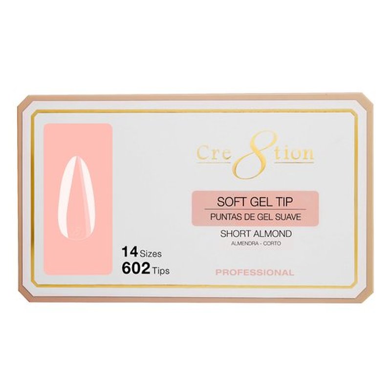 Cre8tion Soft Gel Nail Tips, Short Almond Shape, 602 Tips in 14 Sizes (00-9) for Professional Nail Extensions