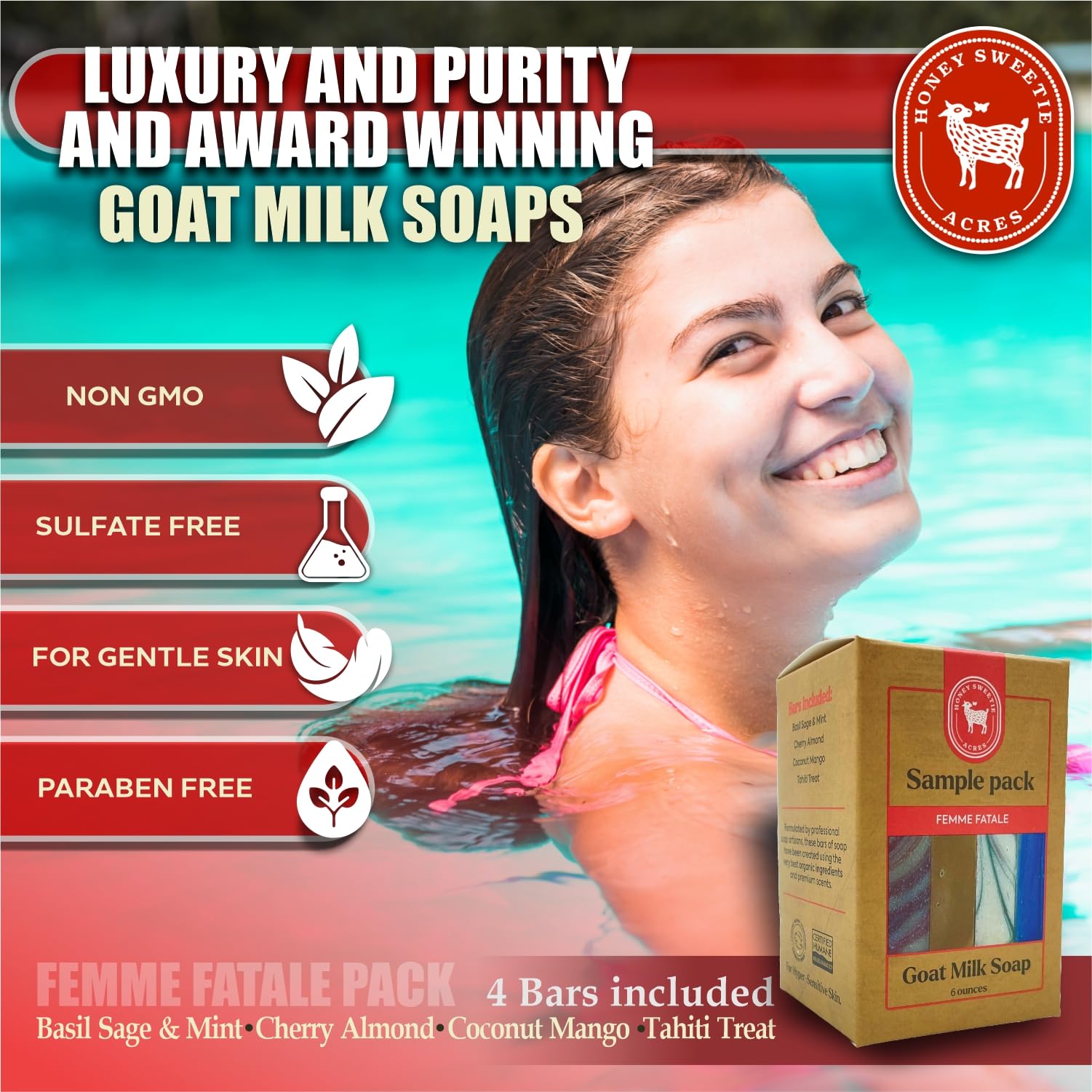 Honey Sweetie Acres Goat Milk Soap Travel Set – 4 Handmade Bars (1.5 oz Each) – Tahiti Treat, Coconut Mango, Cherry Almond, Basil Sage & Mint – All Natural Femme Scent Collection