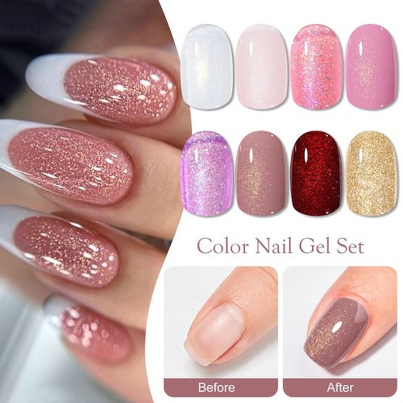 MTSSII Jelly Crystal Gel Nail Polish Set 8 Colors, Soak off UV LED Lamp Gel Nail Polish Set Mermaid Glitter Gel Polish Home Gel Manicure Kit 7 ml/0.24 FL.OZ (SET-6, 8PCS)