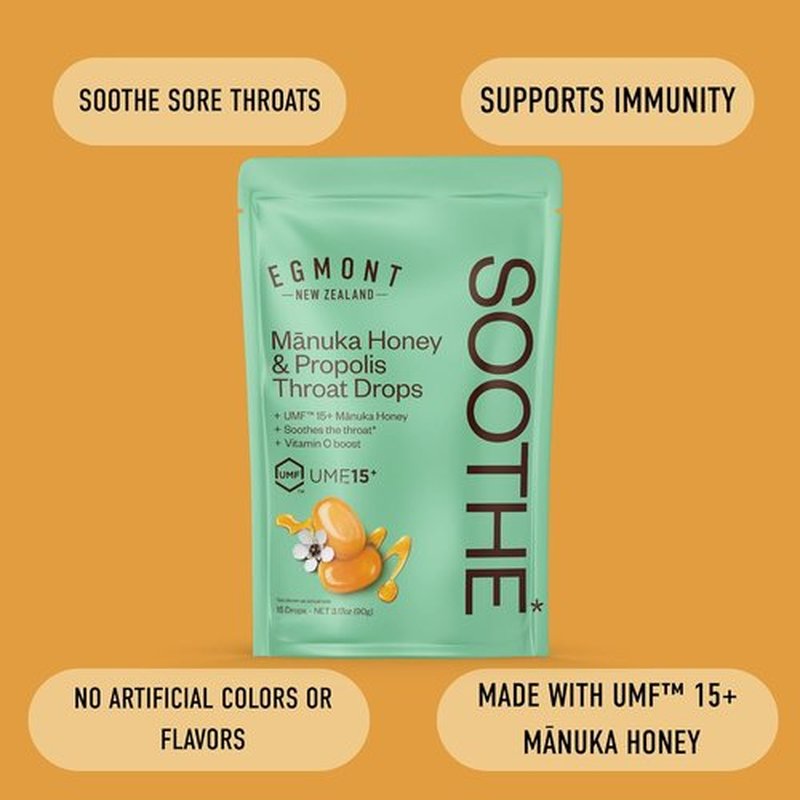 Egmont Honey Manuka Honey & Propolis Throat Drops - UMF 15+ New Zealand Honey with Vitamin C | 15 Count for Natural Soothing Relief