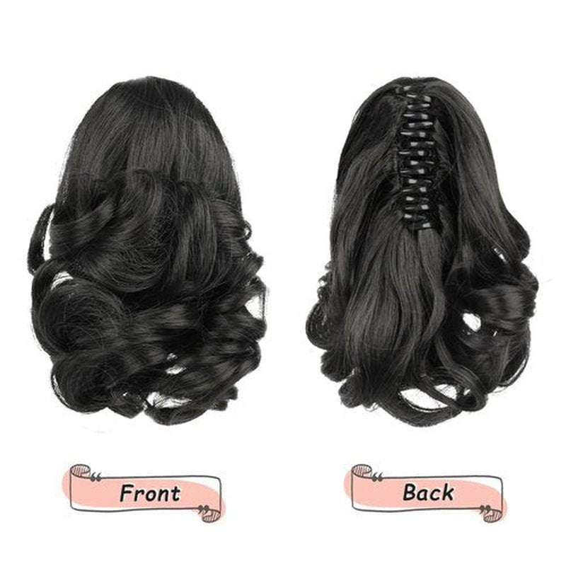 HEWEICSY Ponytail Extension, Clip on Ponytails for Women, 9" Claw Clip in Short Curly Wavy Pony Hair Extension for Women - Natural Black