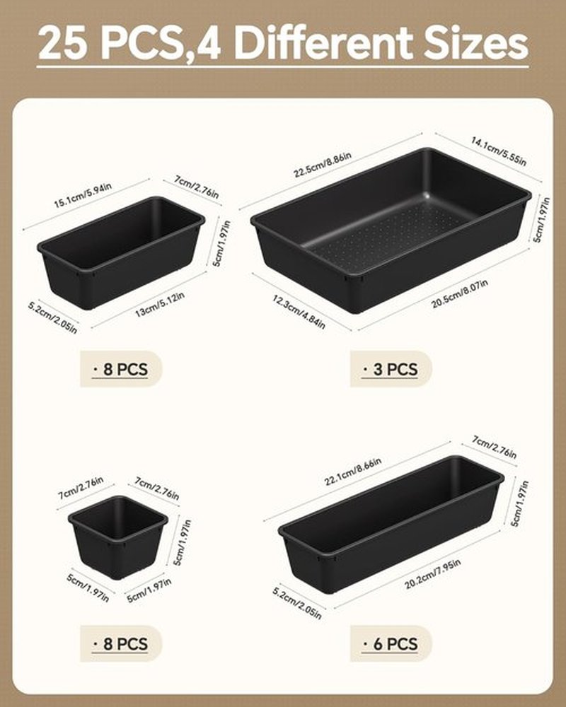 KEMETHY 25 PCS Plastic Drawer Organizers - Versatile Makeup & Desk Storage Trays | Black, 4 Sizes