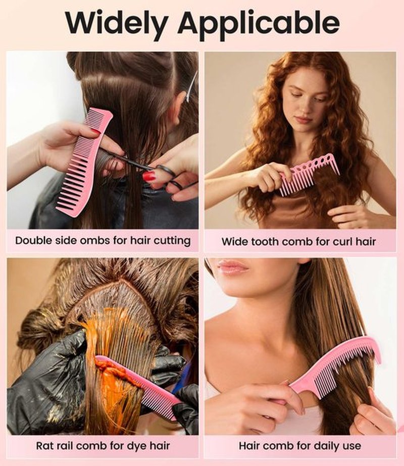 6PCS Professional Hair Comb Set for Women & Men Rat Tail, Wide & Fine Tooth Combs for Curly Hair, Braiding, Barber Styling, Cutting & Parting (Pink)
