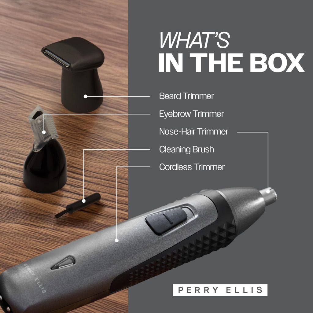 Perry Ellis 3-in-1 Ear, Nose & Facial Hair Trimmer for Men, Cordless Battery-Powered Grooming Tool with Detachable Heads, Antislip Design, Rechargeable Shaver with Cable