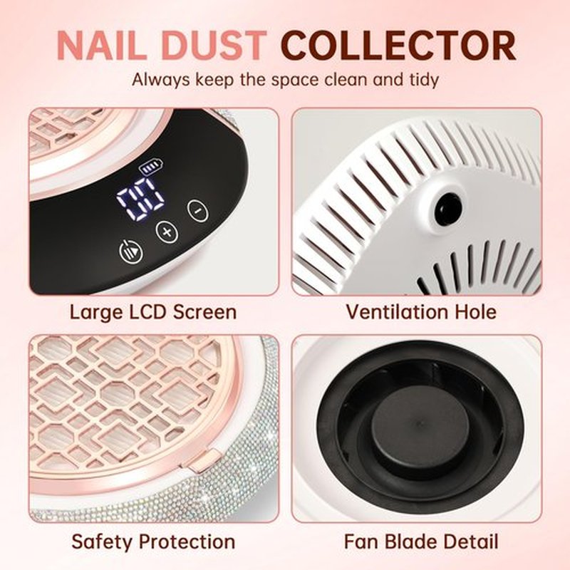 CHRISTINE SHELLY Nail Dust Collector,3500RPM Cordless Dust Collector Nail Tech with LED Display,Rechargeable Dust Suction Machine with Reusable Fillter for Acrylic Gel Polish,Salon & Home AB Diamond