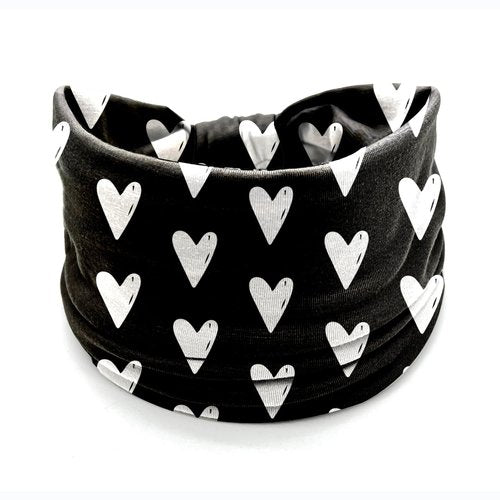 4 Pcs Valentine's Day Headbands for Women, Black White Wide Turban Dress Up Costume Breathable Stretchy Non Slip Head Wrap, Love Heart Pattern Holiday Fall Winter Hair Band for Yoga Running Party