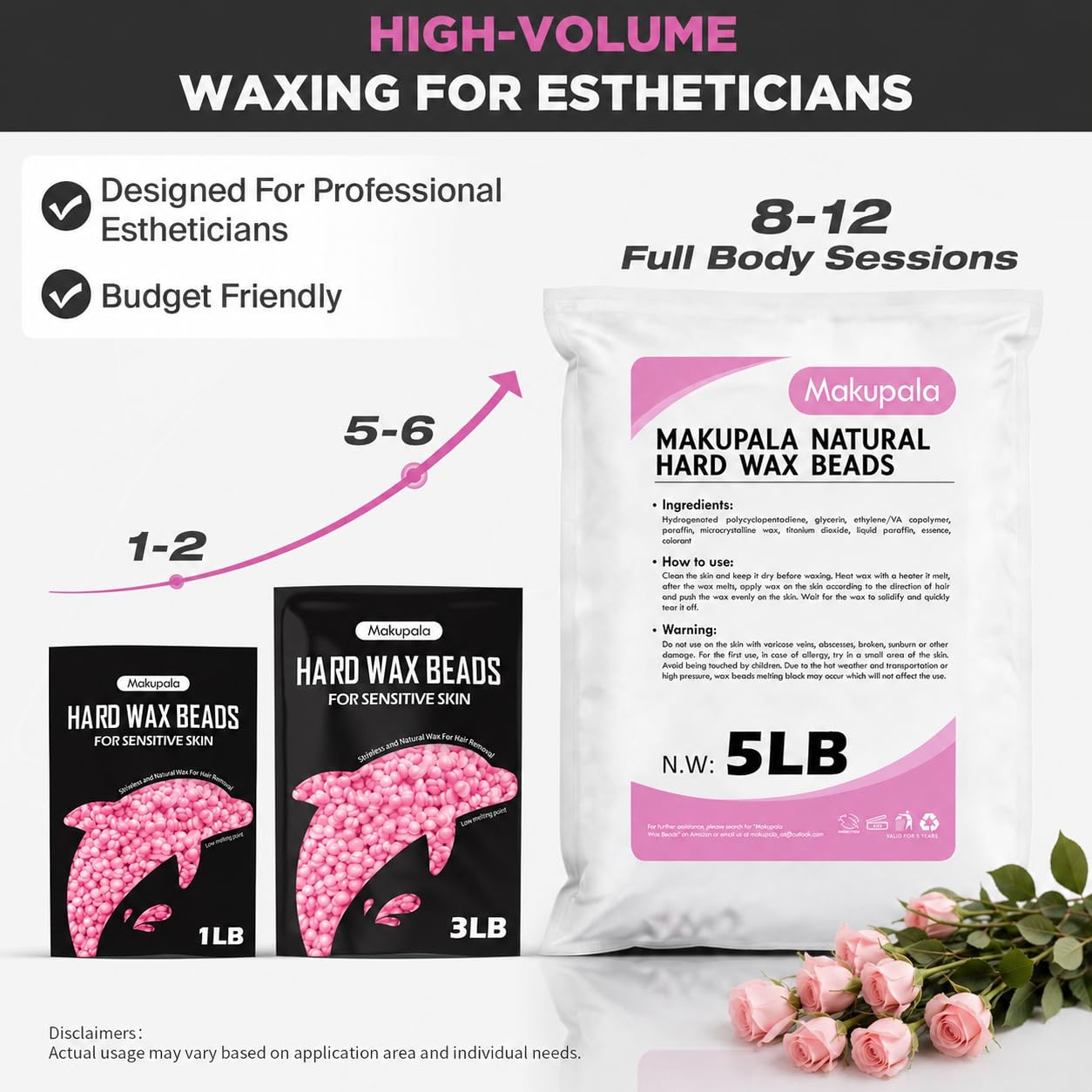 Makupala 5LB Hard Wax Beads for Hair Removal, Professional Bulk Brazilian Wax for Sensitive Skin, Stripless Creamy Wax with Rose Scent for Bikini, Face, Underarm & Full Body, Salon & Home Use