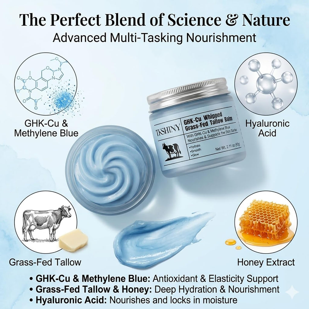 TKSHINY GHK-CU & Methylene Blue Grass-Fed Tallow Balm, Face Moisturizer with Hyaluronic Acid & Honey Extract, Skin Barrier Repair & Anti-Aging Face Cream for Fine Lines & Dry Skin 2.11Oz