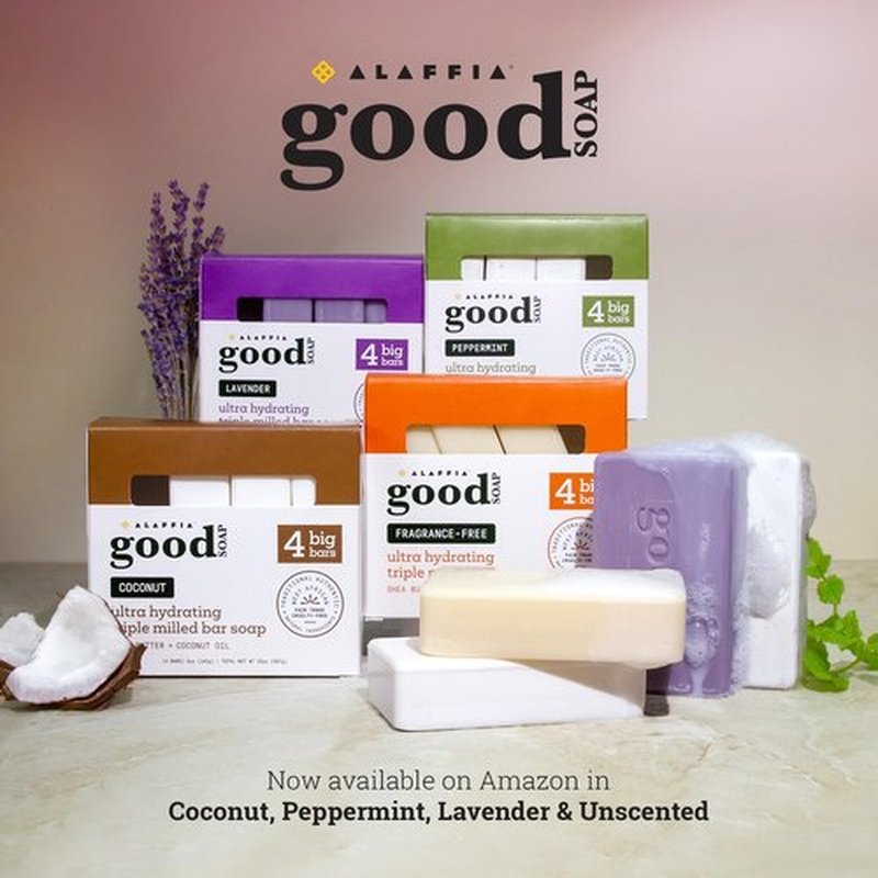 Alaffia Good Soap Lavender (4 Bars) + Trial-Size Herbal Bar – Long-Lasting, Triple-Milled with Fair Trade Shea Butter