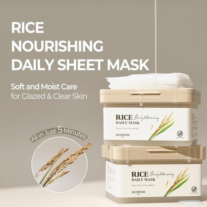 SKINFOOD Rice Daily Sheet Mask - 5-Minute Firming & Nourishing Hydration for Smooth Glass Skin | Bulk Pack (30 Masks)