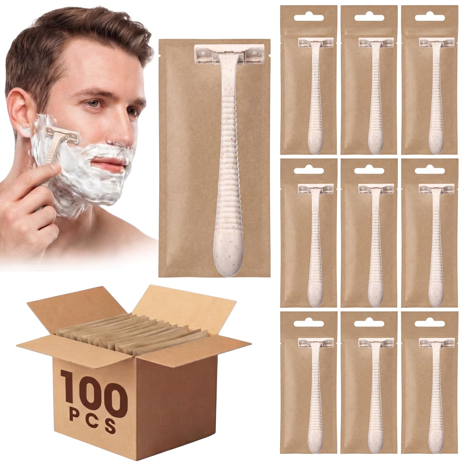 LemonRoad 100 Pcs Individually Wrapped Disposable Razors Bulk for Women Men Biodegradable Portable Twin Blade Shaving Razor Wheat Straw Shavers for Hotel Homeless Shelter Charity Camping Travel