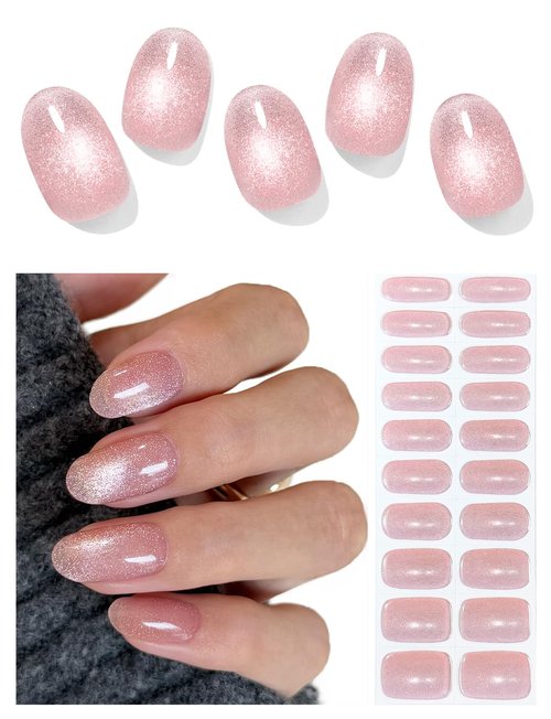 AutyaMee Semi Cured Gel Nail Strips (Nude Pink Cat Eye), Light-Chasing, 20 Pcs Gel Nail Wraps, Stickers, Works with Any UV Lamps