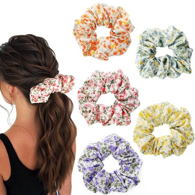 Jewemia Scrunchies for Women Floral Scrunchies Elastic Bracelet Ponytail Holders Hair Accessories for Women and Girls 6pcs (Flower-2)