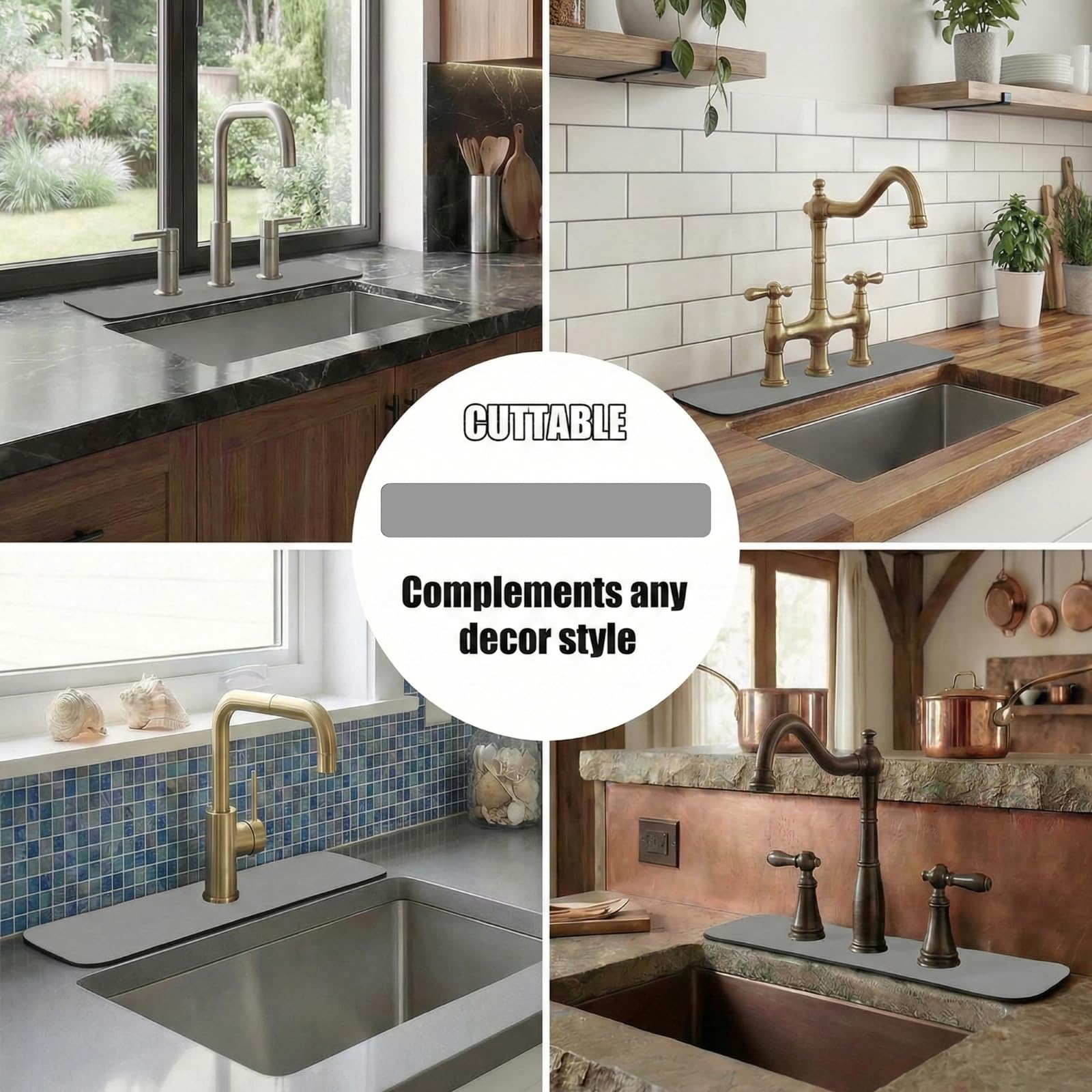 Customizable Faucet Mat for Kitchen Sink: 24" L x 4" W Grey Bathroom Counter Protector - Cuttable to Fit 2, 3 Hole & Oval Rectangle Square Faucet - Splash Guard for Irregular Sink with Soap Dispenser