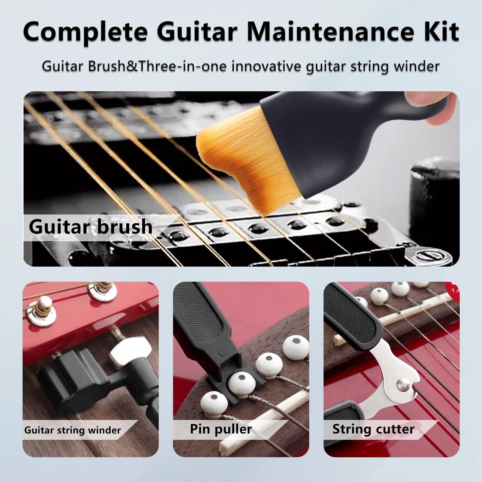 KTKTVE Guitar Cleaning Kit – 8-Pack Complete Care Set with Innovative Sponge Applicator | Guitar Cleaner, Lemon Oil(fretboard oil), Polish Wax, String Cleaner, Winder, Brush & Microfiber Cloth