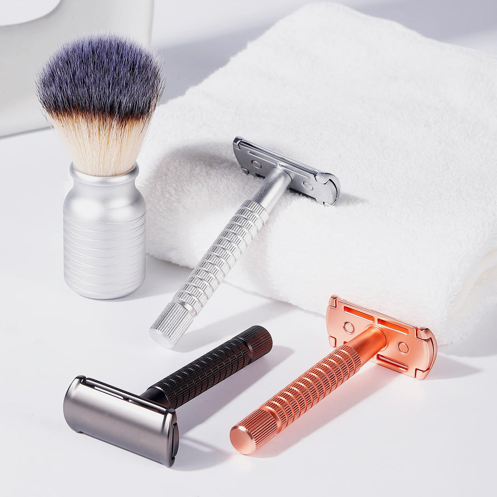 Men's and Women's Manual Razor Safety Razor with 10 Double Edge Blades, Double Edge Razor, Reusable Razor Kit, Eco-Friendly, Smooth Close Shave, Plastic-Free (Silver + base)