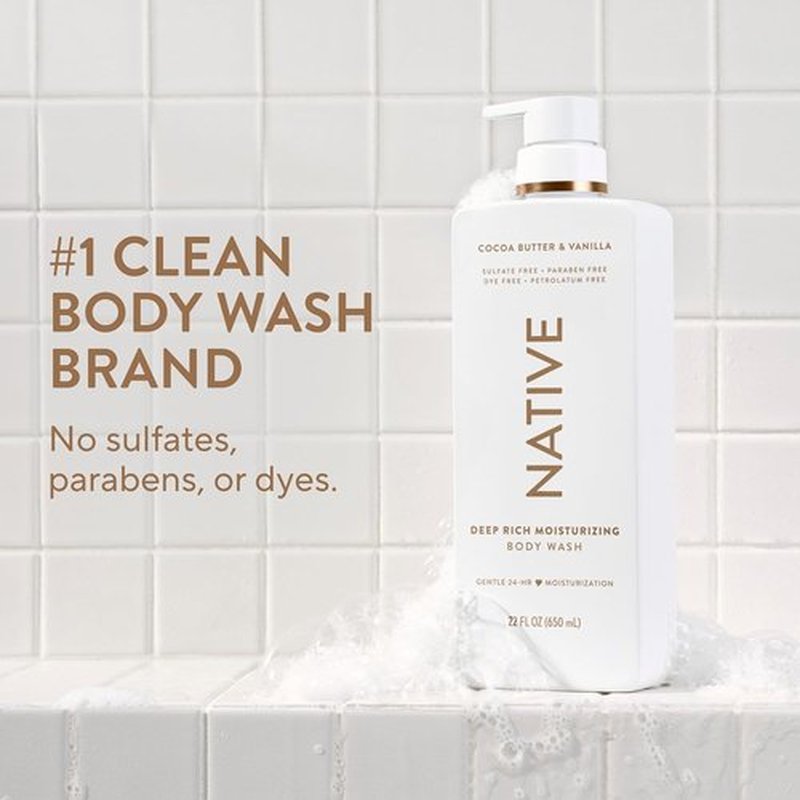 Native Body Wash - Cocoa Butter & Vanilla | 24-Hour Hydration for Dry Skin, 22 oz