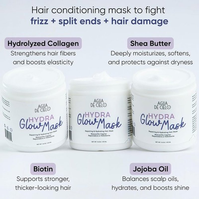 Agua de Cielo Hydra Glow Mask - Deep Conditioning Hair Mask for Dry, Damaged Hair | Strengthens, Hydrates & Reduces Frizz - 16 Oz