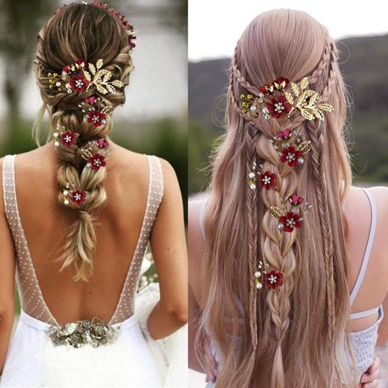 4 PCS Bridal Hair Pins with Crystal Pearl, Rhinestone Updo Headpiece for Brides, Bridesmaids, and Women - Gold Wedding Jewelry Accessories(Red)