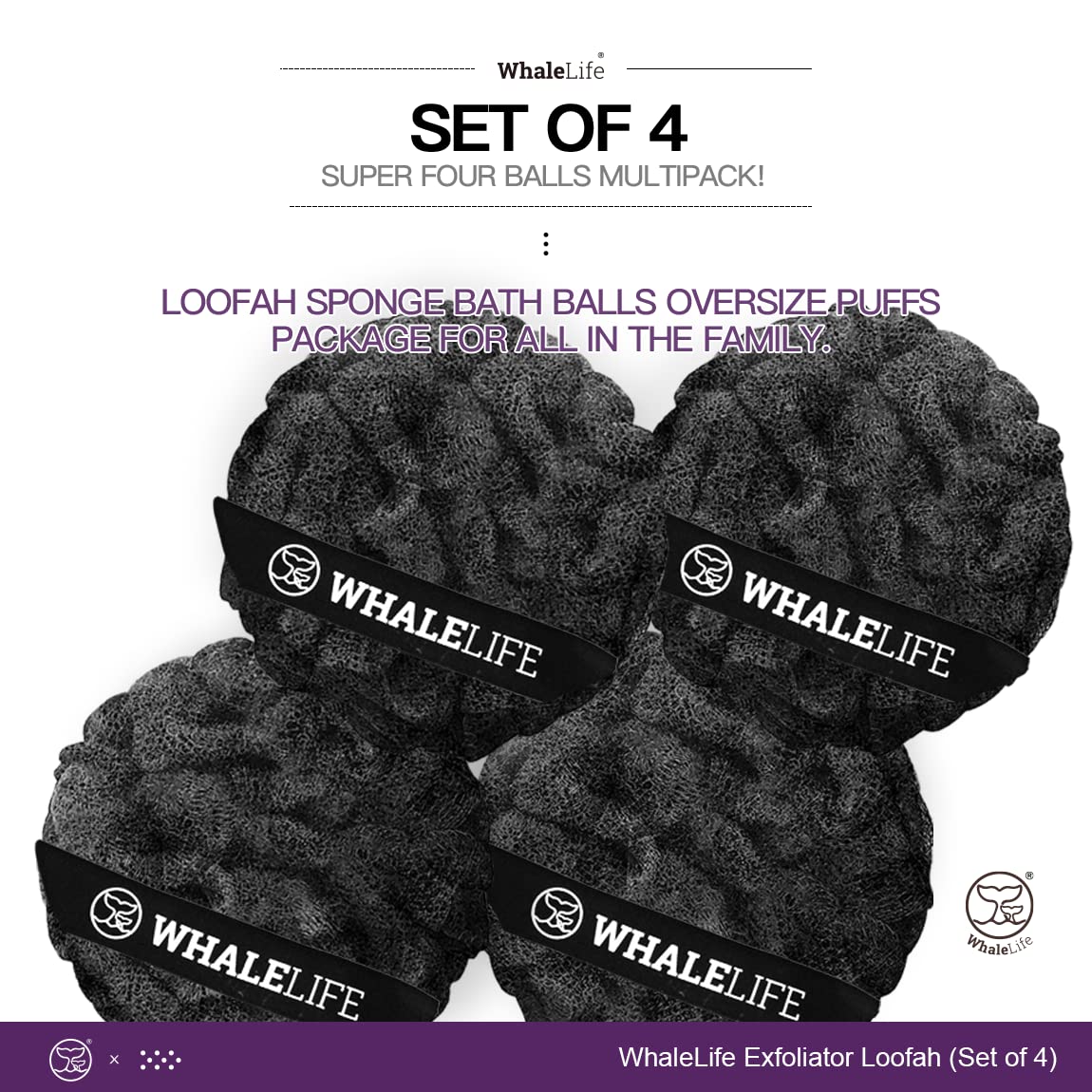 Loofah Sponge Bath Sponge for Women Men 4 Pack (Black Rough Surface)