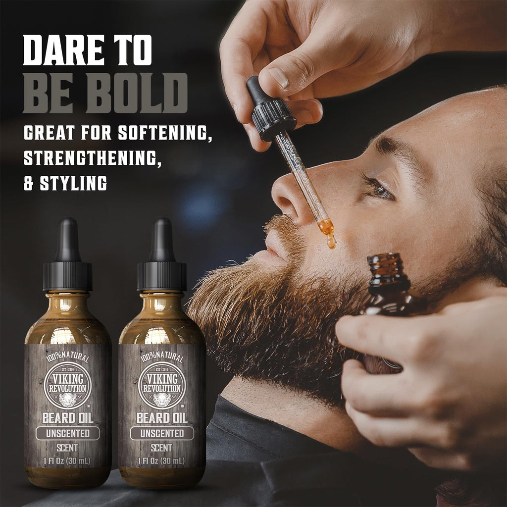 Viking Revolution Men's Beard Oil with Argan and Jojoba Oils - Natural Softener and Conditioner, Strengthens and Moisturizes (Unscented, 2 Pack)