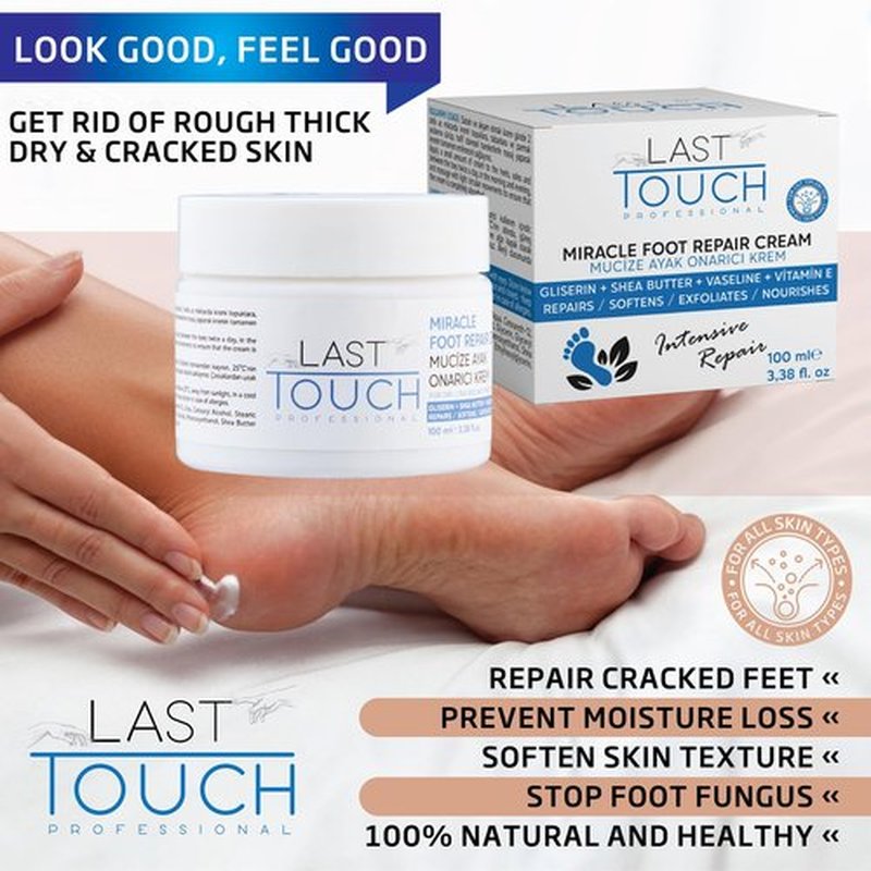 LAST TOUCH Miracle Cracked Repair Foot Care Cream - Foot Cream Dry Cracked Heels - Guaranteed Relief Worn, Cracked, Dry, Callused Feet - Athletes Foot Cream - Soft Smooth Feet 3.38 Fl Oz