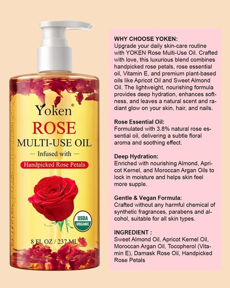 Multi-Used Body Oil For Skin USDA Certified,Face,Hair and Nails,Multi Purpose Organic oil With Rose Petals,Vitamin E & Almond Oil Nourishing & Hydrating ,Body Oil for Moisture & Skin After Bath Oil