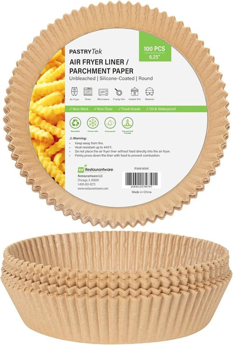 Restaurantware Air Fryer Liners - 100 No-Stick Silicone Coated, Unbleached Food-Grade Paper | 6.3 x 6.3 x 1.8 Inch