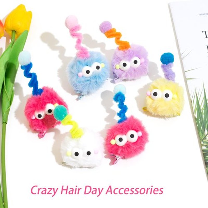 10 PCS Cartoon Pom Poms Hair Clips, Crazy Hair Day Accessories for Kids, Fuzzy Pom Poms Hair Barrettes for Crazy Hair(5 Pairs)