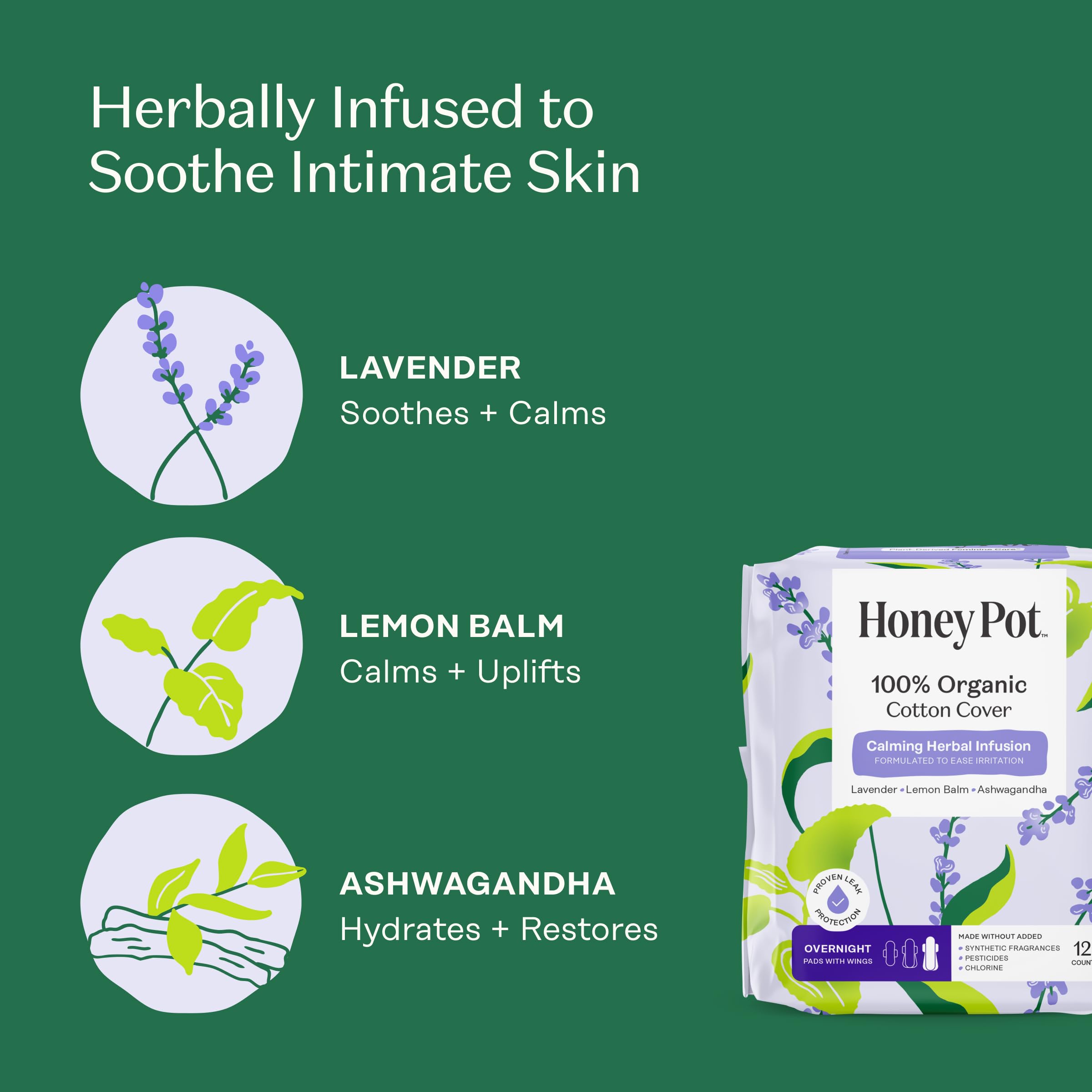 Honey Pot Calming Overnight Sanitary Pads for Women - 100% Organic Cotton Top Sheet - Feminine Care - Non Cooling - Calming Herbs of Lavender, Ashwagandha, & Lemon Balm - 12ct