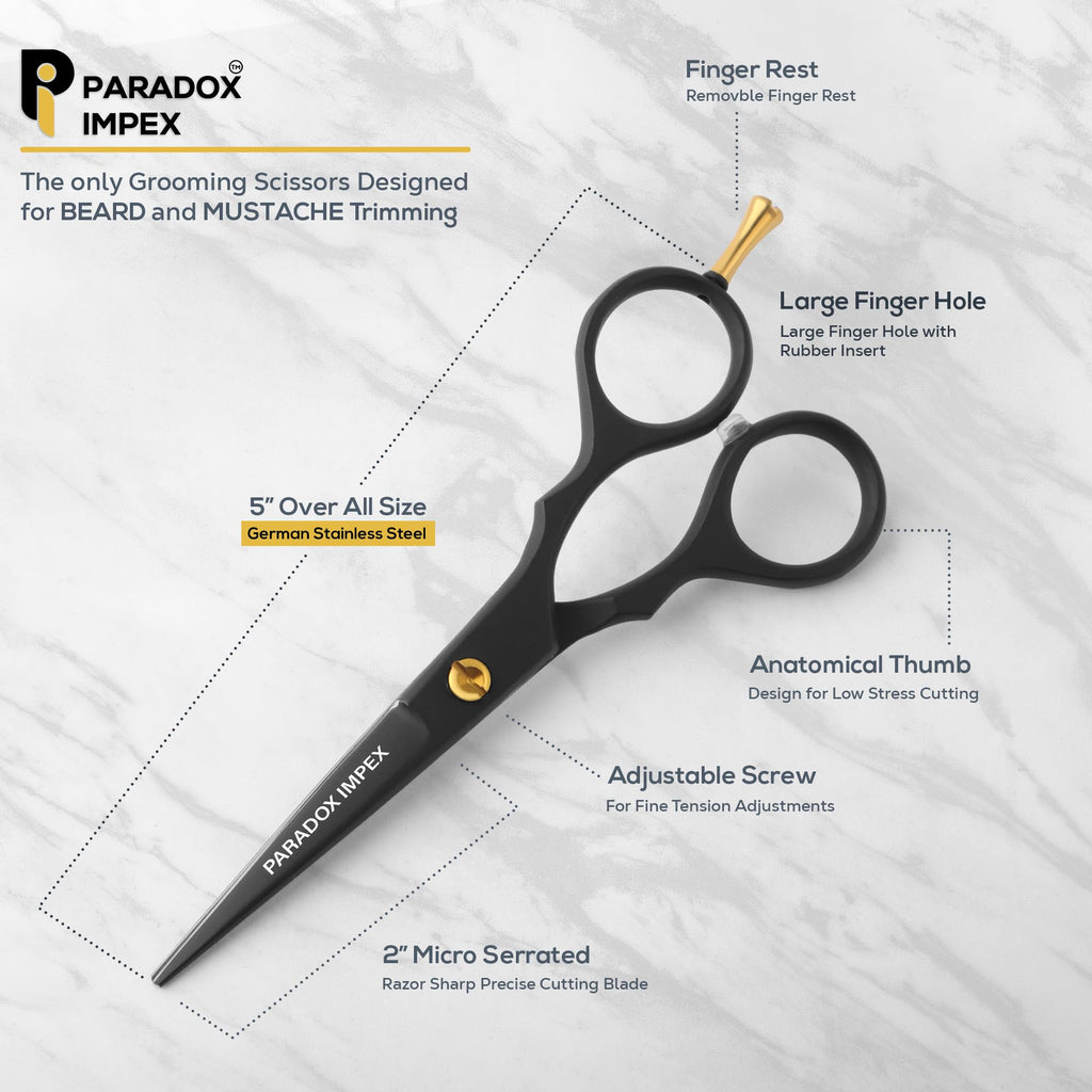 PARADOX IMPEX 5” Beard and Mustache Scissors, German Stainless Steel Beard Scissors Come with 1 Tweezers, 1 Beard Comb, 1 Mustache Comb and Pouch, Hair Scissors for All Facial Hairs. (Black)