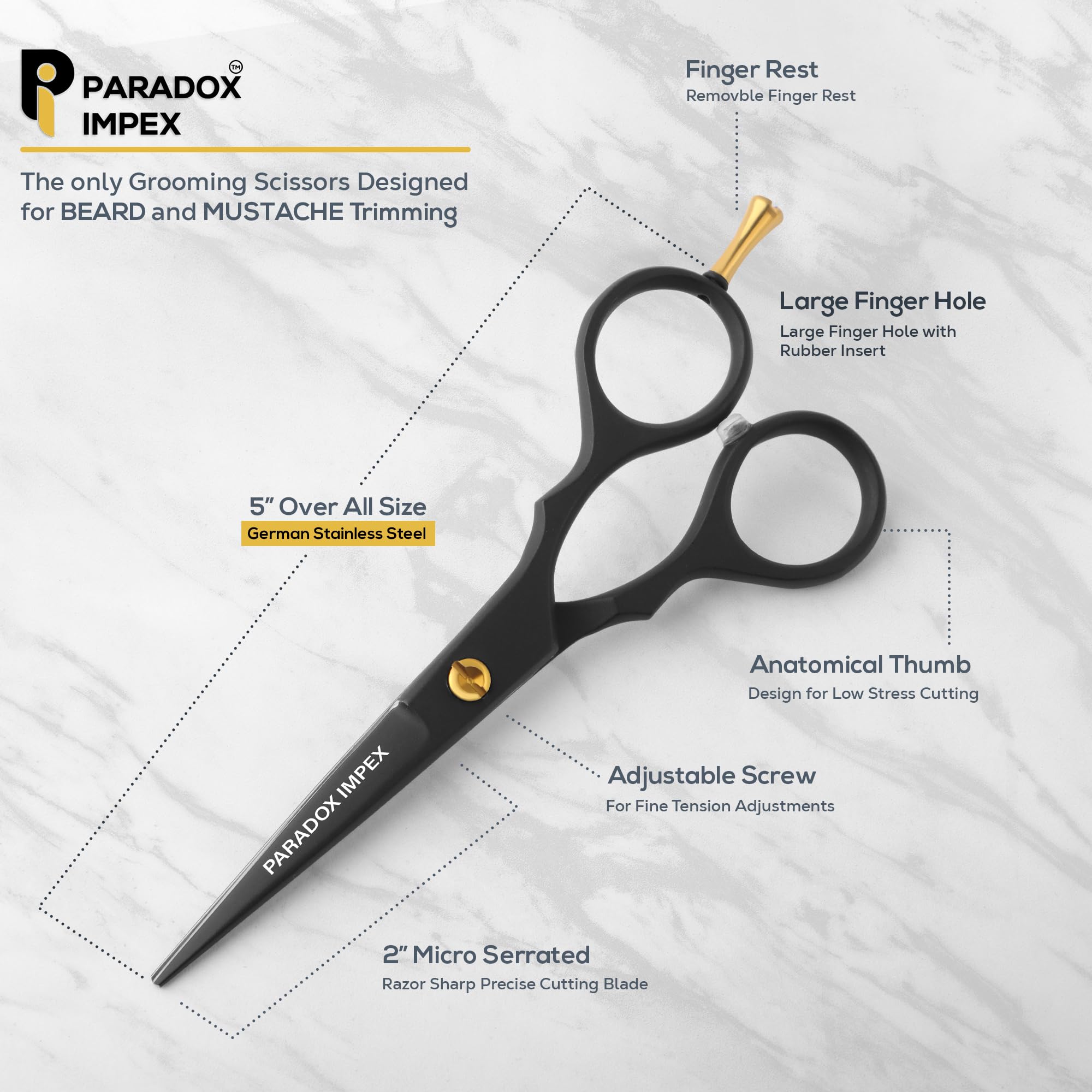 PARADOX IMPEX 5” Beard and Mustache Scissors, German Stainless Steel Beard Scissors Come with 1 Tweezers, 1 Beard Comb, 1 Mustache Comb and Pouch, Hair Scissors for All Facial Hairs. (Black)