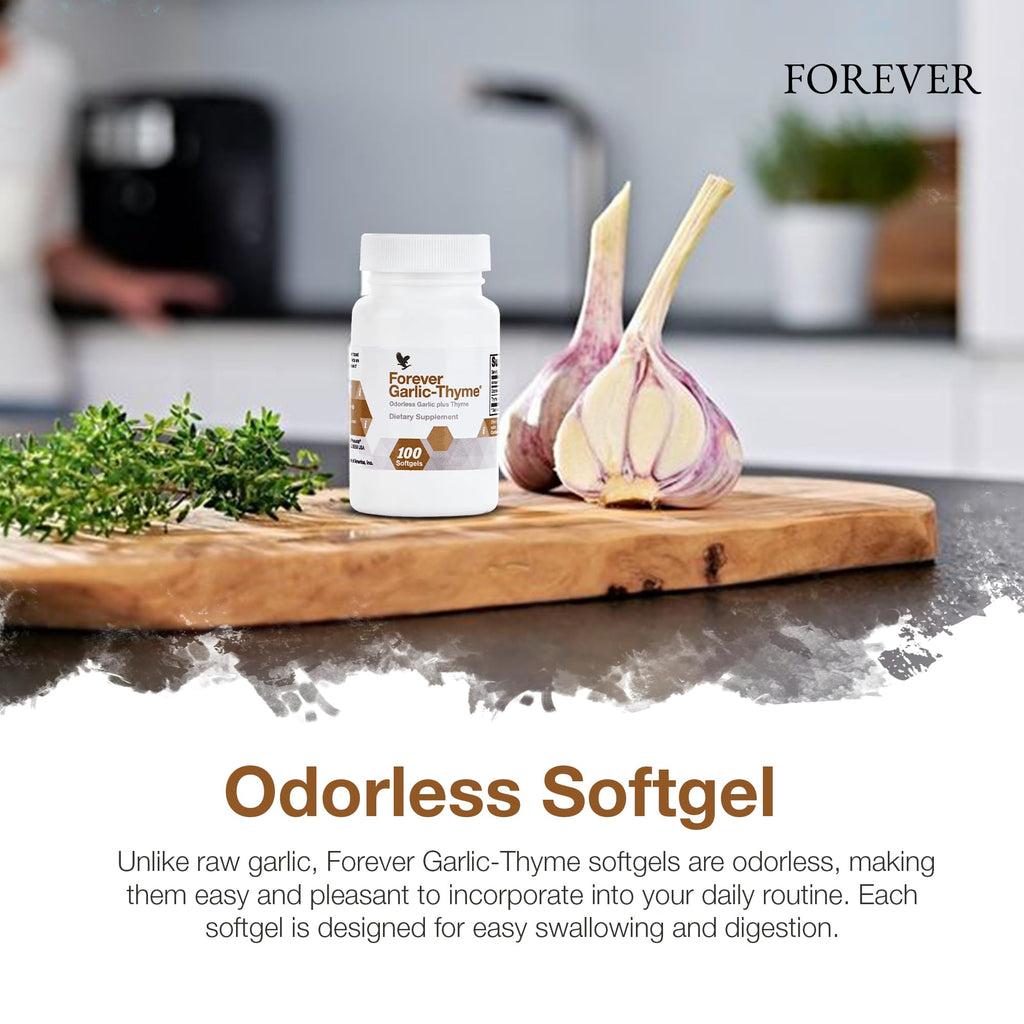 Forever Living - Forever Garlic-Thyme - Cardiovascular & Immune Support with 10mg Garlic Extract & 50mg Thyme Leaf Powder - Odorless Softgel, Gluten-Free - 100 Softgels
