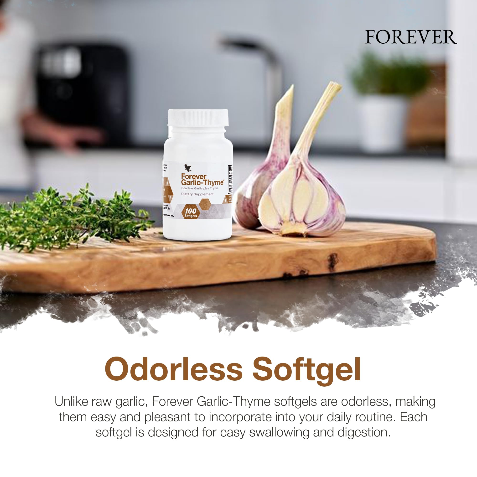 Forever Living - Forever Garlic-Thyme - Cardiovascular & Immune Support with 10mg Garlic Extract & 50mg Thyme Leaf Powder - Odorless Softgel, Gluten-Free - 100 Softgels