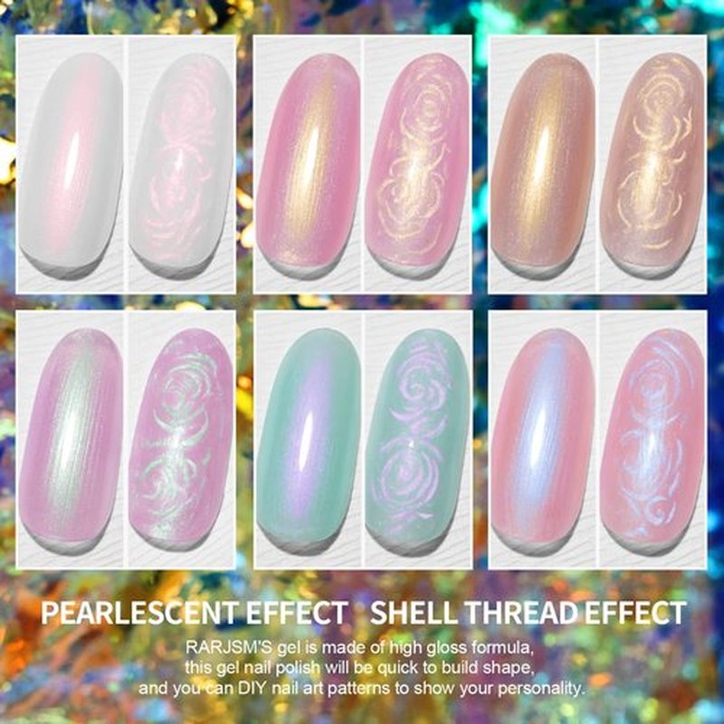 RARJSM Pearl Gel Nail Polish Set - 6 Colors with Glitter & Shimmer | Mermaid Swirl Effect, Soak Off