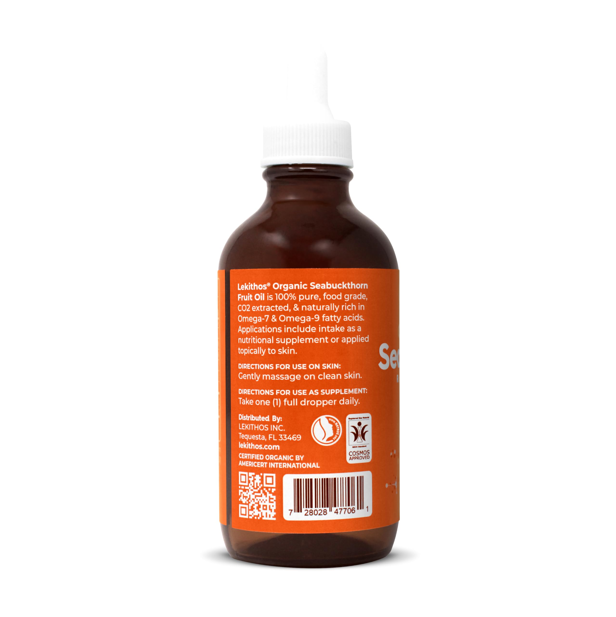 Lekithos Organic Sea Buckthorn Oil | 4 FL OZ (120 ML) | CO2 Extract | Premium Omega 3-6-9 Complex | Skin Barrier Support | Promotes Cell Membrane | Dropper in Glass Bottle | Made In Germany