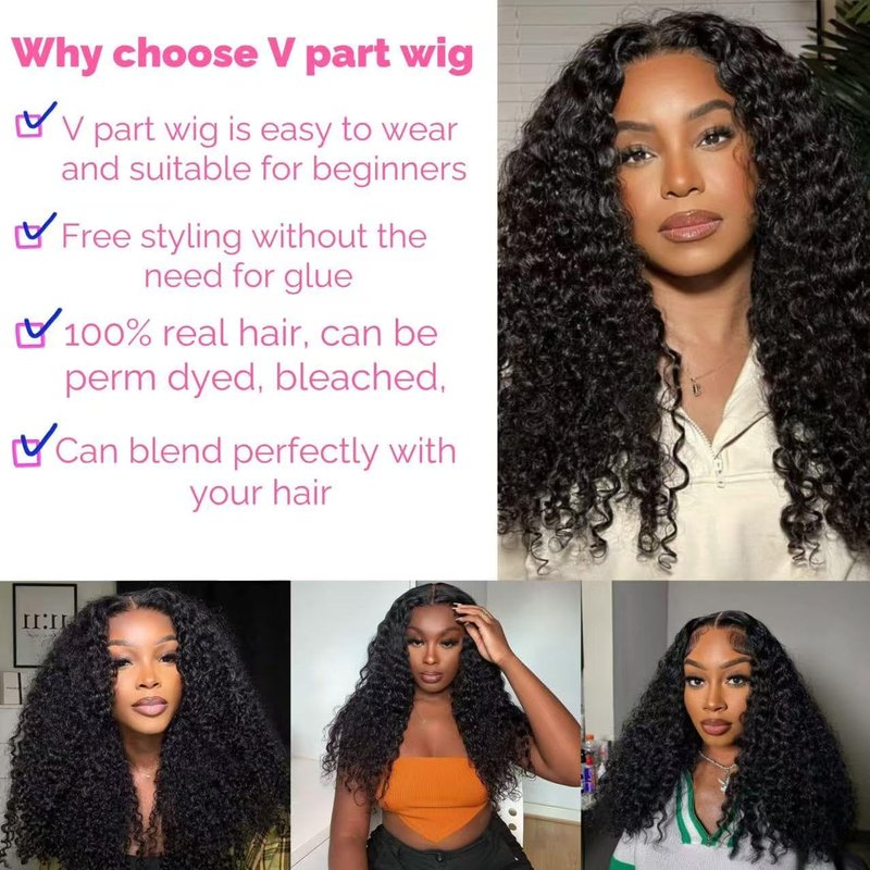 XSSXAKO V Part Wig Human Hair Kinky Curly Upgrade U Part Wig For Black Women 100% Human Hair V Shape Curly Glueless Clip In Half Wig Natural Color No Leave Out 180% Density 18inch