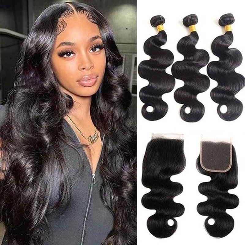 Bundles with Closure Human Hair 3 Bundles with Closure（16 18 20+14） Body Wave Bundles with 5x5 Lace Closure Free Part Natural Black Color