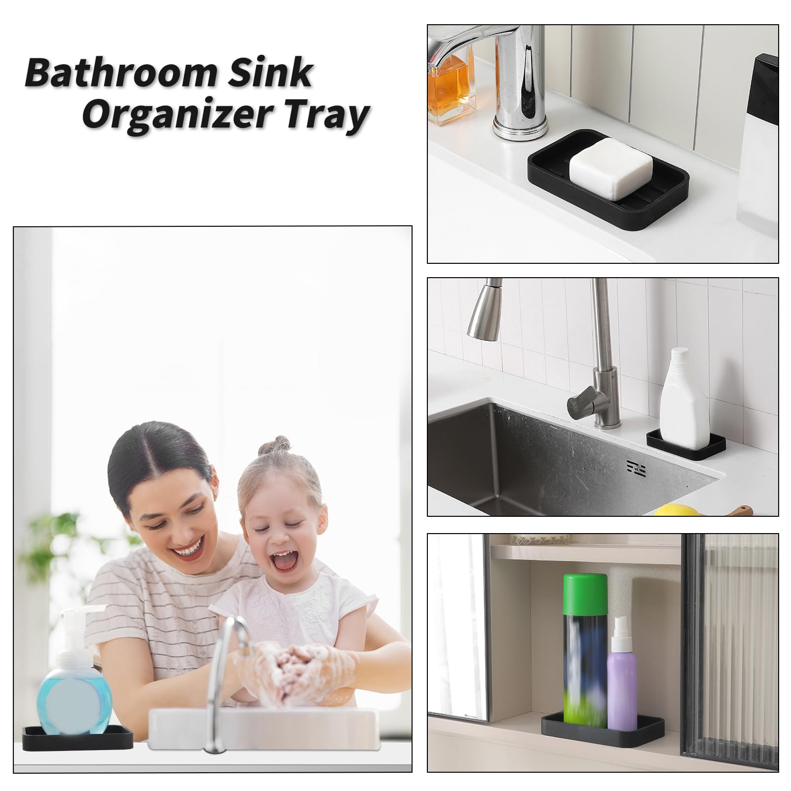 MicoYang Silicone Kitchen Sink Organizer Tray for Multiple Usage,Easy Clean Sponges Holder for Kitchen Bathroom Counter or Sink,Dish Soap Dispenser,Scrubber,Bottle,Cup Black 4.9”x 3.2”